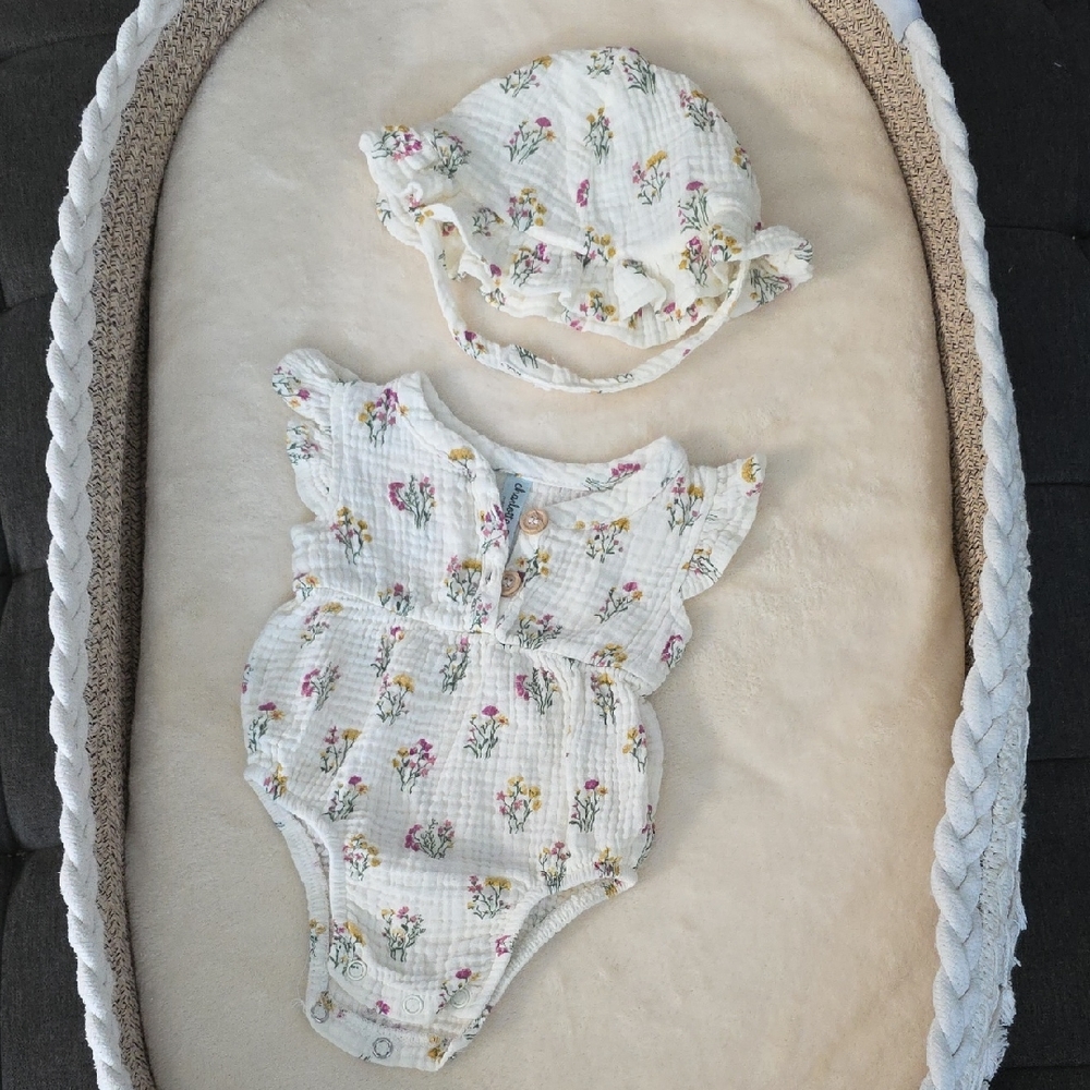 Floral Baby Romper and Hat Set